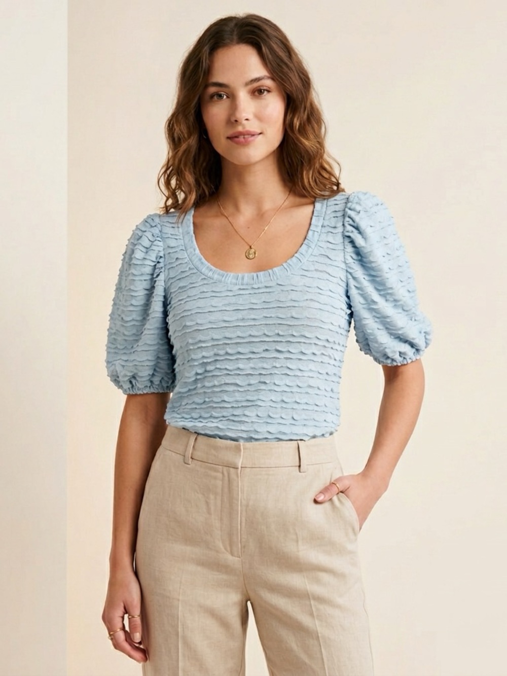 Anthropologie Blue Textured Puff Sleeve Square Neck Top XS